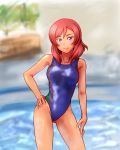  1girl breasts competition_swimsuit contrapposto groin hand_on_hip hand_on_thigh highres legs long_hair looking_at_viewer love_live! love_live!_school_idol_project medium_breasts nishikino_maki one-piece_swimsuit pink_eyes redhead smile solo swimsuit uotarou_(water-tank-60cm) 