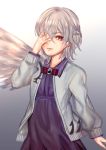  1girl covering_face dress jacket kishin_sagume long_sleeves open_clothes open_jacket purple_dress red_eyes sayama_(chiwan0830) single_wing solo touhou white_hair wings 