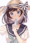  1girl adjusting_clothes adjusting_hat blue_eyes blush brown_hair commentary_request eyebrows_visible_through_hair food hat nagitoki original popsicle school_uniform serafuku short_hair simple_background solo straw_hat upper_body white_background 