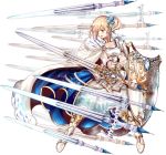  1girl blonde_hair blue_eyes boots breasts cleavage dress flower full_body hair_flower hair_ornament holding holding_sword holding_weapon issairaku large_breasts neuschwanstein_(oshiro_project) official_art oshiro_project oshiro_project_re side_ponytail solo sword transparent_background weapon 
