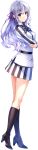  1girl bangs black_legwear blue_eyes breasts crossed_arms full_body high_heels highres kanomiya_izuki lavender_hair long_hair long_sleeves looking_at_viewer looking_back medium_breasts misaki_kurehito official_art ragnastrike_angels school_uniform skirt socks solo standing striped transparent_background vertical_stripes 