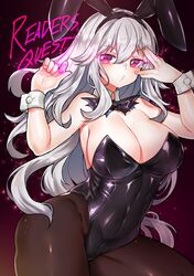  1girl animal_ears bare_shoulders breasts bunny_girl bunnysuit cleavage fishnet_pantyhose fishnets large_breasts long_hair looking_at_viewer osiimi pantyhose parted_lips pink_eyes rabbit_ears silver_hair solo thighs 