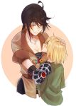  1boy 1girl ahoge black_hair blonde_hair blush braid brother_and_sister long_hair siblings single_braid smile tales_of_(series) tales_of_berseria velvet_crowe yellow_eyes younger 