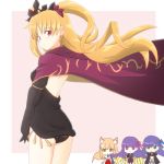  1girl atair blonde_hair cape dress earrings ereshkigal_(fate/grand_order) fate/extra_ccc_fox_tail fate/grand_order fate_(series) hair_ribbon jewelry long_hair looking_at_viewer meltlilith passion_lip red_eyes ribbon saber_(fate/extra_ccc_fox_tail) strapless strapless_dress tiara tohsaka_rin twintails 