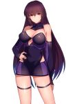  1girl alternate_costume bare_shoulders detached_sleeves fate/stay_night fate_(series) long_hair looking_at_viewer miniskirt purple_hair saisarisu scathach_(fate/grand_order) shiny shiny_skin simple_background skirt smile solo thigh_strap violet_eyes white_background 