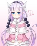 1girl 3: bangs blue_eyes blunt_bangs blush capelet closed_mouth cowboy_shot crying crying_with_eyes_open eyebrows_visible_through_hair fur_trim gradient gradient_background gradient_hair hair_bobbles hair_ornament highres horns jitome kanna_kamui kobayashi-san_chi_no_maidragon lavender_hair long_hair looking_down low_twintails multicolored_hair purple_background purple_hair sidelocks skirt solo speech_bubble tail tears the_cold twintails very_long_hair white_skirt