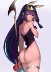  1girl alternate_costume animal_ears ass bangs bare_shoulders bunny_girl bunny_tail bunnysuit commentary_request dark_skin earrings eyebrows_visible_through_hair eyes_visible_through_hair facial_mark fake_animal_ears fate/grand_order fate_(series) from_behind grey_background hairband holding holding_staff hoop_earrings jewelry long_hair looking_at_viewer looking_back low-tied_long_hair nitocris_(fate/grand_order) purple_hair r rabbit_ears saisarisu shiny shiny_skin simple_background smile solo staff standing tail very_long_hair violet_eyes wrist_cuffs 