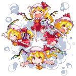  4girls ascot blonde_hair bow closed_eyes crystal fang flandre_scarlet four_of_a_kind_(touhou) frills hat hat_bow hat_ribbon medium_hair mob_cap multiple_girls open_mouth puffy_short_sleeves puffy_sleeves red_eyes red_skirt red_vest ribbon shinapuu shirt short_hair short_sleeves side_ponytail skirt skirt_set touhou vest white_shirt wings yellow_ascot 