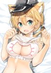  1girl anchor_hair_ornament animal_ears aqua_eyes bed_sheet bell bell_collar blonde_hair blush bra breasts cat_ears cat_lingerie cleavage_cutout collar collarbone eyebrows_visible_through_hair fang hair_ornament hat holding holding_panties inuzumi_masaki kantai_collection large_breasts lying meme_attire navel on_back on_bed open_mouth panties panties_removed peaked_cap prinz_eugen_(kantai_collection) solo underwear upper_body wavy_mouth white_bra 