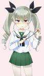  1girl alternate_costume anchovy angry bangs black_neckerchief black_ribbon blouse blush collarbone cowboy_shot drill_hair gedou_(ge_ge_gedou) girls_und_panzer green_hair green_skirt grimace hair_ribbon highres holding long_hair long_sleeves looking_at_viewer miniskirt neckerchief ooarai_school_uniform pantyhose pleated_skirt red_eyes ribbon riding_crop school_uniform serafuku simple_background skirt solo standing sweatdrop twin_drills twintails white_background white_blouse white_legwear 