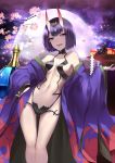  1girl bangs collarbone cup fang fate/grand_order fate_(series) food fruit headpiece highres japanese_clothes legs looking_at_viewer navel open_mouth purple_hair revealing_clothes sakazuki shide shiguru short_hair shuten_douji_(fate/grand_order) smile solo thick_eyebrows violet_eyes 