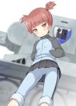  1girl bangs blue_jacket blue_pants blue_skirt blurry bt-42 depth_of_field emblem from_below girls_und_panzer ground_vehicle hair_tie hands_in_pockets jacket keizoku_(emblem) keizoku_military_uniform long_sleeves looking_at_viewer mikko_(girls_und_panzer) military military_uniform military_vehicle miniskirt motor_vehicle pants pants_rolled_up pants_under_skirt parted_lips pleated_skirt raglan_sleeves red_eyes redhead short_hair short_twintails shuuichi_(gothics) skirt solo standing tank track_jacket track_pants twintails uniform upskirt 