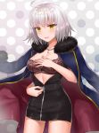 &gt;:d 1girl :d bangs black_dress blue_jacket blush bra breasts cleavage cowboy_shot dress eyebrows_visible_through_hair fate/grand_order fate_(series) fur_collar fur_trim glint hand_on_own_chest jacket jeanne_alter jewelry lingerie medium_breasts naomi_(fantasia) necklace open_clothes open_jacket open_mouth pendant polka_dot polka_dot_background red_bra ruler_(fate/apocrypha) short_dress short_hair signature silver_hair smile solo standing tsurime underwear undressing unzipping yellow_eyes zipper 