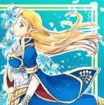  1girl blonde_hair elbow_gloves fingerless_gloves floral_background from_side gloves green_eyes kaidou_mitsuki long_hair long_sleeves pointy_ears princess_zelda smile solo the_legend_of_zelda the_legend_of_zelda:_breath_of_the_wild tiara twitter_username very_long_hair wide_sleeves 