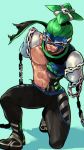  1boy abs al_bhed_eyes aqua_background arms_(game) chains clenched_teeth goggles green_hair highres kneeling long_arms male_focus mask ninja ninjara_(arms) nipples nkraae official_style one_knee orange_eyes ponytail scarf shoes short_hair simple_background sneakers solo teeth torn_clothes 