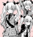  1girl :d ^_^ akane_souichi anchovy anzio_military_uniform bangs blush bow closed_eyes closed_mouth eyebrows_visible_through_hair fang girls_und_panzer greyscale hair_between_eyes hair_bow hand_on_hip light_smile military military_uniform monochrome multiple_views open_mouth ringlets sketch smile twintails uniform 