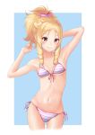  1girl absurdres alternate_hairstyle armpits arms_up ass_visible_through_thighs bare_arms bare_legs bare_shoulders bikini blonde_hair blush bow breasts closed_mouth collarbone commentary_request contrapposto cowboy_shot drill_locks eromanga_sensei fingernails front-tie_top furan_(pixiv20237436) hair_bow highres legs_apart long_hair looking_at_viewer midriff navel pink_bow pink_lips pointy_ears ponytail short_hair side-tie_bikini small_breasts smile standing stomach striped striped_bikini swimsuit yamada_elf yellow_eyes 