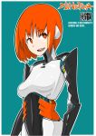  1girl android artist_request character_name eyebrows_visible_through_hair green_background highres orange_eyes orange_hair original robot_joints smile white_border 