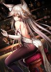  1girl alcohol animal_ears ass bar bare_back bare_shoulders bell blush brown_eyes chinese_clothes detached_sleeves elbow_gloves fox_ears gloves haguruma_(hagurumali) highres jingle_bell long_hair looking_at_viewer looking_back open_mouth original pantyhose sitting solo white_gloves 