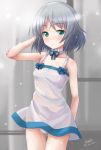  1girl arm_behind_back arm_behind_head artist_name bangs breasts casual closed_mouth cowboy_shot dress green_eyes haruhata_mutsuki neck_ribbon panties ribbon sanya_v_litvyak short_hair signature silver_hair small_breasts solo standing strike_witches sundress thigh_gap twitter_username underwear wet wet_clothes wet_dress white_dress white_panties world_witches_series 