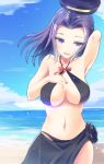  1girl alternate_costume arm_behind_back beach bikini bikini_skirt black_bikini black_bikini_bottom blue_eyes breasts collarbone day hamalu hand_on_own_chest highres kantai_collection large_breasts looking_at_viewer mechanical_halo navel ocean parted_lips purple_hair see-through short_hair sky solo swimsuit tatsuta_(kantai_collection) 