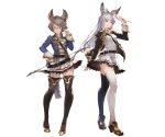  2girls adjusting_glasses animal_ears bangs belt black_legwear boots bow_(weapon) breasts brown_eyes brown_hair detached_sleeves erun_(granblue_fantasy) feathers full_body glasses granblue_fantasy hair_ornament hairclip hand_on_hip jacket korwa long_hair looking_at_viewer medium_breasts minaba_hideo multiple_girls musical_note official_art open_clothes open_jacket quaver quill school_uniform short_hair silver_hair skirt smile solo standing sutera_(granblue_fantasy) thigh-highs thigh_boots transparent_background weapon white_legwear zettai_ryouiki 