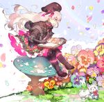  :d animal beret black_boots black_bow black_bowtie black_hat black_skirt blue_flower book boots bow bowtie capelet fate/extra fate/grand_order fate_(series) flower food_print frilled_skirt frills fur_trim hat hat_bow long_hair multicolored_bow mushroom mushroom_print namie-kun nursery_rhyme_(fate/extra) open_mouth pansy petals pink_bow pink_flower purple_flower red_bow red_bowtie red_flower silver_hair sitting skirt smile striped striped_bow striped_bowtie yellow_flower 