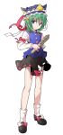  1girl alphes_(style) black_skirt blue_eyes bow closed_mouth dairi full_body green_hair hat looking_to_the_side parody pink_bow pink_ribbon ribbon rod_of_remorse shiki_eiki short_hair simple_background skirt solo standing style_parody touhou white_background 
