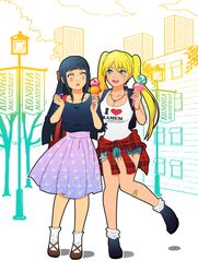  2girls :d :o absurdres black_hair blonde_hair blue_eyes blush breasts cleavage clothes_around_waist cutoffs denim denim_shorts facial_mark female food genderswap genderswap_(mtf) highres hyuuga_hinata ice_cream ice_cream_cone jacket_around_waist jewelry large_breasts lavender_eyes long_hair long_skirt manjimaru_369 multiple_girls naruko naruto naruto_shippuuden necklace no_pupils open_mouth sexy_no_jutsu shorts skirt smile twintails uzumaki_naruto whisker_markings 