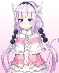 1girl 3: bangs blue_eyes blunt_bangs blush capelet closed_mouth cowboy_shot crying crying_with_eyes_open eyebrows_visible_through_hair fur_trim gradient gradient_background gradient_hair hair_bobbles hair_ornament highres horns jitome kanna_kamui kobayashi-san_chi_no_maidragon lavender_hair long_hair looking_down low_twintails multicolored_hair purple_background purple_hair sidelocks skirt solo tail tears the_cold twintails very_long_hair white_skirt