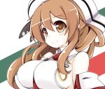  1girl bare_shoulders breasts brown_eyes brown_hair detached_sleeves hair_ornament hat highres kantai_collection large_breasts littorio_(kantai_collection) long_hair nanashino_(nanasino101) necktie ponytail smile solo tagme wavy_hair 