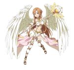  1girl :d angel_wings asuna_(sao) breasts brown_eyes brown_hair cleavage detached_sleeves feathered_wings full_body holding holding_staff layered_skirt long_hair looking_at_viewer medium_breasts midriff miniskirt navel open_mouth skirt smile solo staff standing stomach sword_art_online thigh-highs transparent_background very_long_hair white_legwear white_skirt white_wings wings 
