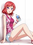  1girl :o blush bottle bottle_cap collared_shirt commentary_request dripping eyebrows_visible_through_hair hair_ornament hairpin holding holding_bottle looking_at_viewer love_live! love_live!_school_idol_project miniskirt nishikino_maki redhead shirt short_sleeves sitting skirt solo sweat sweating tsurime violet_eyes water_bottle wristband yopparai_oni 