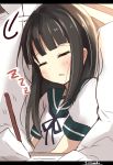  1girl =_= artist_name bangs black_hair blunt_bangs breasts closed_eyes eyebrows_visible_through_hair gloves hair_over_shoulder hatsuyuki_(kantai_collection) highres kantai_collection long_sleeves neck_ribbon pen ribbon school_uniform serafuku short_sleeves sidelocks sleeping sleeping_upright soramuko uniform white_gloves zzz 