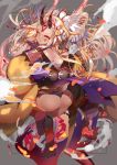  1girl absurdres ass back barefoot blonde_hair fate/grand_order fate_(series) highres horns ibaraki_douji_(fate/grand_order) japanese_clothes kimono long_hair omo_(utakatadice) oni orange_eyes parted_lips solo very_long_hair 