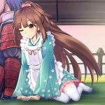  1boy 1girl brown_eyes brown_hair full_body japanese_clothes leaning_on_person long_hair looking_at_another lord_(oshiro_project) one_eye_closed oshiro_project oshiro_project_re ponytail solo_focus thigh-highs very_long_hair yoita_(oshiro_project) 