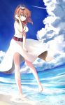  1girl artist_name barefoot beach belt blue_eyes breast_pocket brown_hair clouds day dress jewelry kantai_collection long_hair looking_at_viewer outdoors pocket ponytail red_belt ring saratoga_(kantai_collection) side_ponytail solo uki water wedding_band white_dress 