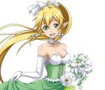 1girl ;d blonde_hair bouquet bow breasts choker cleavage collarbone dress elbow_gloves flower gloves green_dress green_eyes hair_bow hair_ribbon high_ponytail holding holding_bouquet leafa long_hair medium_breasts one_eye_closed open_mouth pointy_ears ribbon shiny shiny_skin sideboob skirt_hold sleeveless sleeveless_dress smile solo standing strapless strapless_dress sword_art_online transparent_background upper_body very_long_hair white_flower white_gloves white_ribbon 