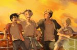  4boys ^_^ black_hair blonde_hair christophe_giacometti closed_eyes clothes_around_waist crossed_arms facial_hair fence green_eyes hand_on_another&#039;s_hip jewelry katsuki_yuuri male_focus multiple_boys open_mouth ring sailor_collar shorts silver_hair smile sunglasses sunglasses_on_head sunset viktor_nikiforov you_(gay322k) yuri!!!_on_ice yuri_plisetsky 