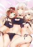  3girls akai_kagerou anastasia_(idolmaster) animal_ears animal_print bangs bare_shoulders black_bra black_choker black_panties blue_eyes bra breasts brown_hair cat_cutout cat_ears cat_lingerie cat_panties cat_print choker cleavage collarbone commentary_request eyebrows_visible_through_hair eyelashes girl_sandwich green_eyes hand_on_another&#039;s_back hand_on_another&#039;s_head highres hips idolmaster idolmaster_cinderella_girls large_breasts long_hair looking_at_viewer looking_to_the_side lying maekawa_miku medium_breasts meme_attire multiple_girls navel open_mouth panties parted_lips paw_pose print_panties sandwiched short_hair side-tie_panties silver_hair smile swept_bangs takamine_noa thighs underwear waist 