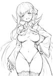  1girl bb_(fate/extra_ccc) blush cape covered_navel fate/extra fate/extra_ccc fate/grand_order fate_(series) groin hair_ribbon haoni leotard monochrome ribbon sketch solo thigh-highs 