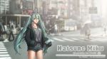  1girl artist_name blurry blurry_background casual cellphone character_name city cowboy_shot denim denim_shorts depth_of_field earphones green_eyes green_hair hand_in_pocket hatsune_miku highres holding holding_phone htank jacket long_hair looking_at_viewer parted_lips phone road shorts sleeves_past_wrists smartphone solo_focus street twintails vocaloid watermark 