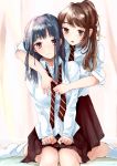  2girls black_hair blush brown_eyes brown_hair eyebrows_visible_through_hair eyes_visible_through_hair highres medium_hair multiple_girls necktie oka_paya open_mouth original school_uniform seiza shirt sitting striped striped_necktie uniform white_legwear white_shirt yuri 