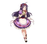  1girl ahoge blush dress frilled_arpon frilled_dress frilled_hairannd frills full_body hairband holding long_hair looking_at_viewer pointy_ears purple_dress purple_hair red_eyes red_hairband short_sleeves smile solo standing striped sword_art_online transparent_background vertical-striped_dress vertical_stripes white_arpon yuuki_(sao) 