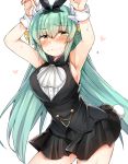  1girl armpits arms_up black_skirt blush breasts eyebrows eyebrows_visible_through_hair fate/grand_order fate_(series) green_hair hair_ornament hairband heart kiyohime_(fate/grand_order) large_breasts long_hair looking_at_viewer revision sabujiroko sideboob simple_background skirt smile solo sweat white_background yellow_eyes 