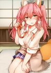  1girl alternate_costume animal_ears bad_id bad_pixiv_id bangs blush breasts cleavage clothes_around_waist eyebrows_visible_through_hair fate/extra fate_(series) fox_ears fox_tail futon gyaru hair_between_eyes hand_up holding indoors kogal large_breasts long_hair looking_at_viewer necktie nose_blush open_clothes open_shirt parted_lips pink_hair pleated_skirt purple_skirt sabujiroko school_uniform shirt sidelocks sitting skirt smile solo sweater_around_waist tail tamamo_(fate)_(all) tamamo_jk_(fate) tatami twintails yellow_eyes 