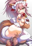  1girl absurdres animal_ears ass bell bell_collar breast_hold breasts cleavage collar fangs fate/grand_order fate_(series) fox_ears fox_tail hair_ribbon highres large_breasts long_hair looking_at_viewer omucchan_(omutyuan) one_eye_closed open_mouth paws pink_hair ribbon sideboob simple_background solo tail tamamo_(fate)_(all) tamamo_cat_(fate) white_background white_legwear yellow_eyes 