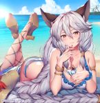  1girl animal_ears bangs beach bikini blue_sky blush bracelet braid breasts brown_eyes cat_ears cleavage clouds commentary_request day drink drinking_straw erun_(granblue_fantasy) frilled_bikini frills glass granblue_fantasy hair_between_eyes heles jewelry large_breasts long_hair looking_at_viewer lying obiwan ocean on_stomach outdoors silver_hair single_braid sky smile solo swimsuit very_long_hair water white_bikini 