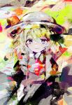  1girl abstract abstract_background anabone blonde_hair blue_eyes blush bow colorful dress hat hat_ribbon highres kana_anaberal looking_at_viewer ribbon short_hair smile solo touhou white_hat 