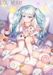  1girl aqua_eyes aqua_hair bangs bow bowtie candy character_name closed_mouth collarbone cupcake doughnut eyebrows_visible_through_hair food frilled_skirt frills hair_between_eyes hair_ornament hair_scrunchie hand_on_own_cheek hand_on_own_face hatsune_miku holding holding_stuffed_animal indoors long_hair long_sleeves looking_at_viewer neckerchief on_bed pillow pink_bow pink_bowtie roang sailor_collar school_uniform scrunchie serafuku shirt sitting sitting_on_bed skirt smile socks solo stuffed_animal stuffed_bunny stuffed_toy sweets twintails very_long_hair vocaloid wavy_hair white_legwear white_shirt white_skirt 